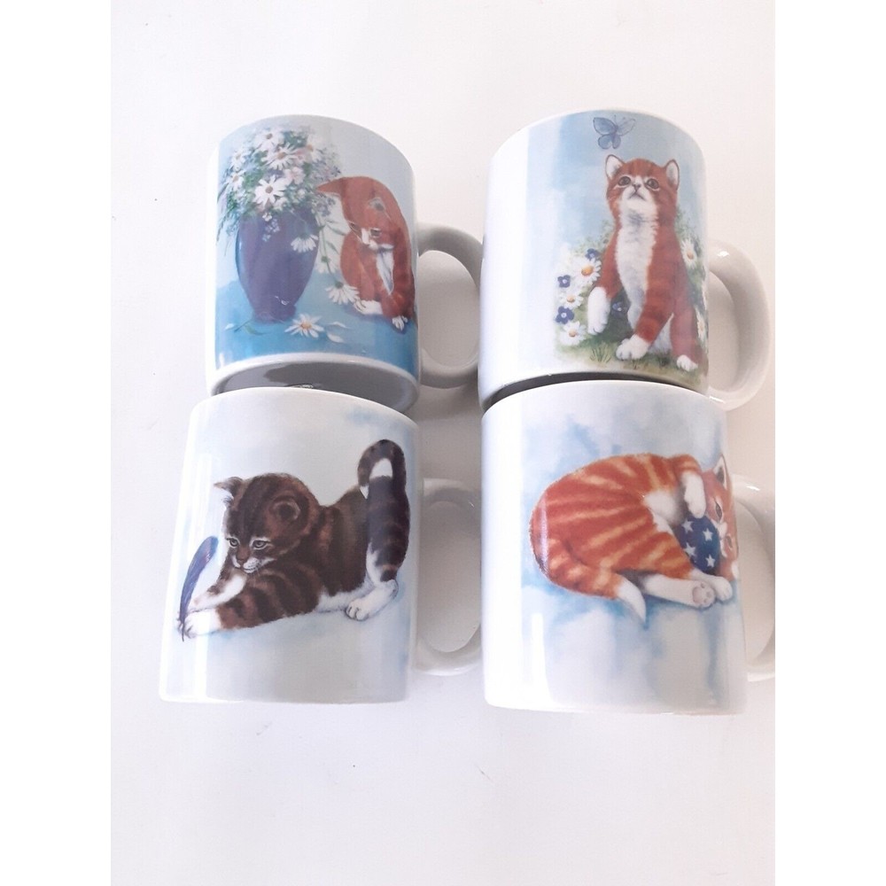 Vintage Set Of 4 Kitten Cat Coffee Tea Mugs